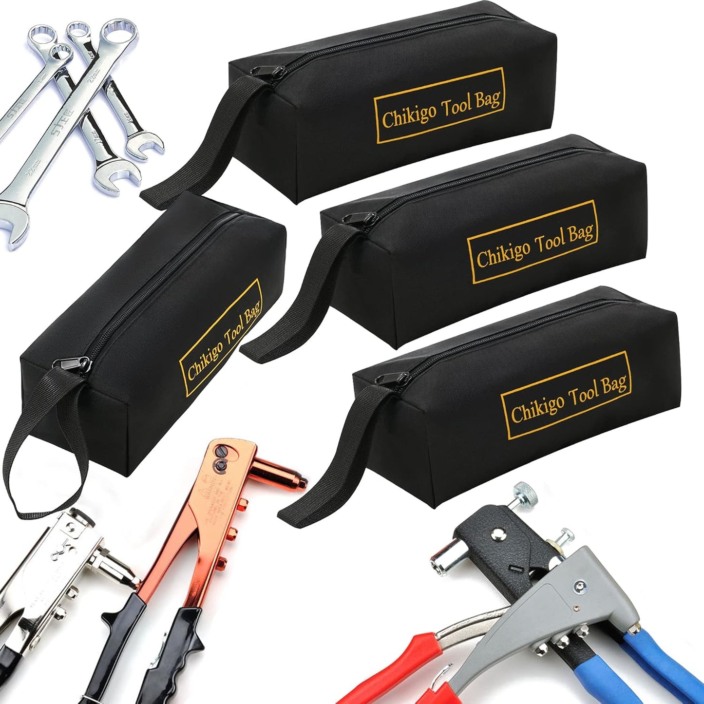 4-Pack Small Tool Bags with Zipper, Waterproof Tool Pouch Double Layer Tool Bag Organizer with Portable Handle, Multi-Purpose Black Tote Bag for Storage and Sorting (11 X 4.3 X 3.54 Inches)