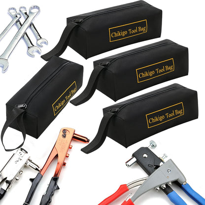 4-Pack Small Tool Bags with Zipper, Waterproof Tool Pouch Double Layer Tool Bag Organizer with Portable Handle, Multi-Purpose Black Tote Bag for Storage and Sorting (11 X 4.3 X 3.54 Inches)