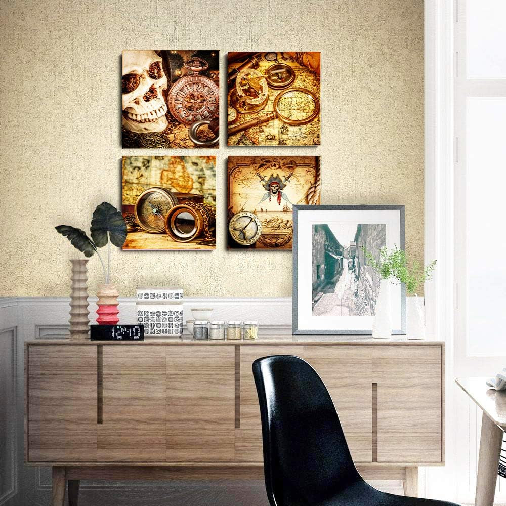 Nautical Elegance: Pirate Ship Compass Wall Art - 4 Piece Framed Watercolor Canvas Prints for Home, Office & Bathroom Decor