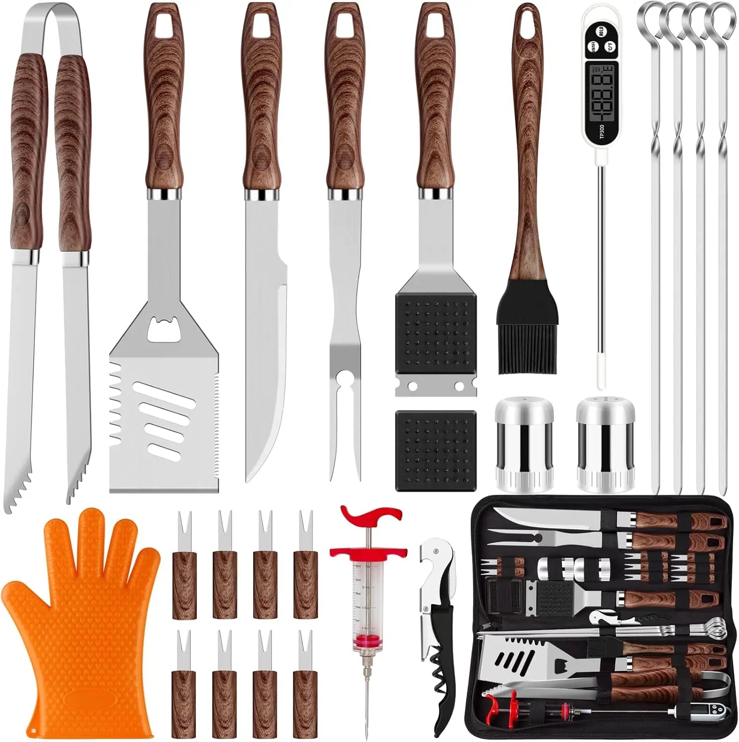 26Pcs Grilling Accessories Kit for Men Women, Stainless Steel Heavy Duty BBQ Tools with Glove and Corkscrew, Grill Utensils Set