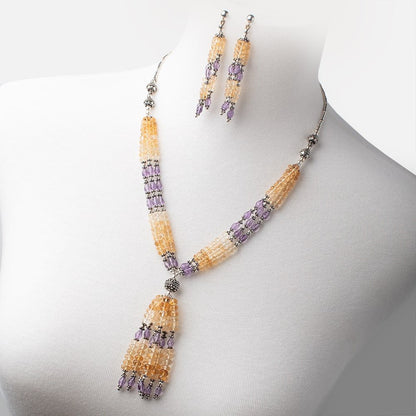 Citrine and Pink Amethyst Antiqued Silver Necklace and Earring Set