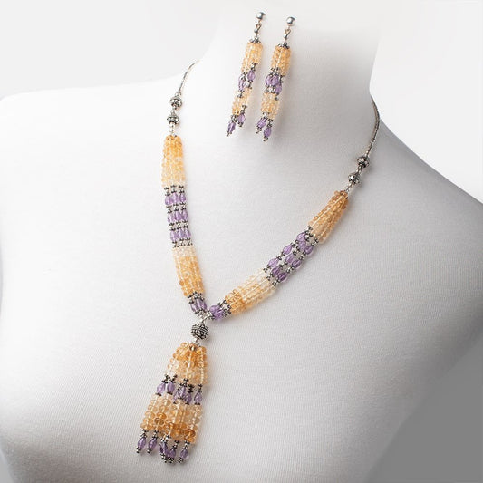 Citrine and Pink Amethyst Antiqued Silver Necklace and Earring Set