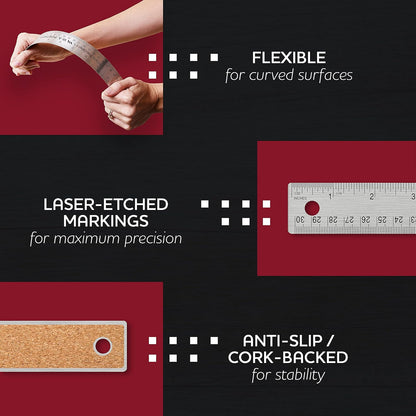 Metal Ruler 36 Inch Cork Back - Straight Edge 36 Inch Metal Ruler - Flexible & Non-Slip Stainless Steel - Imperial & Metric Graduations for Precision Measuring