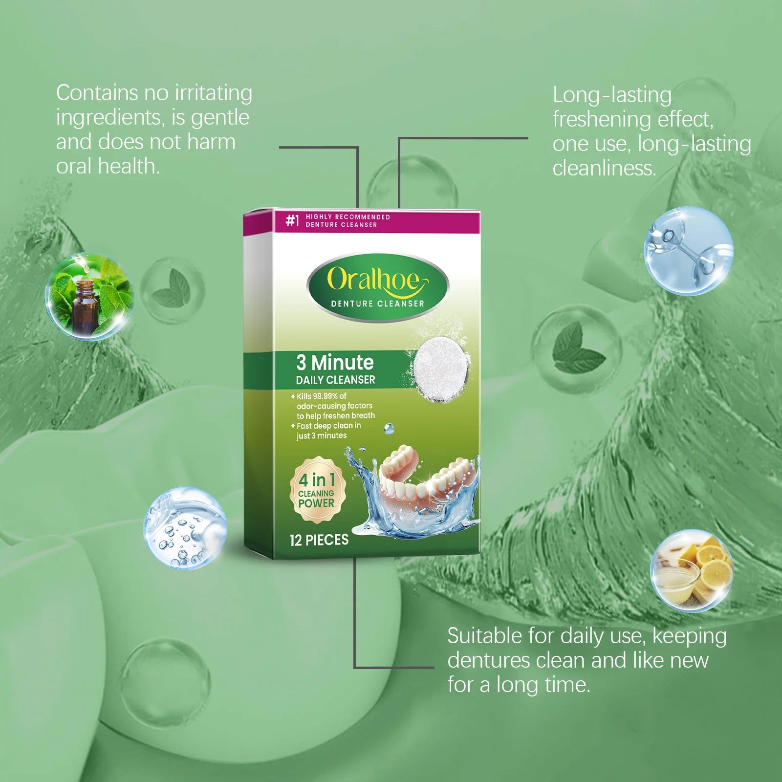 Oralhoe 12Pcs Denture Cleaning Tablets Fake Teeth Remove Stains Refreshing Oral Odor Care False Tooth Retainer Cleaner Tablets