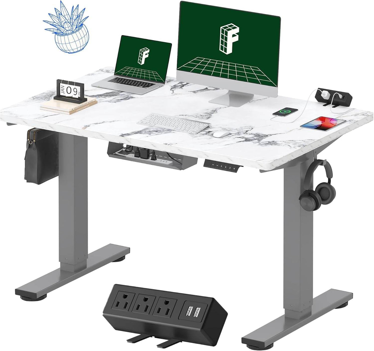 EN2 Height Adjustable Electric Standing Desk - 48"x30" with Clamp Power Strip & Cable Management (Gray Frame + Mahogany Top)