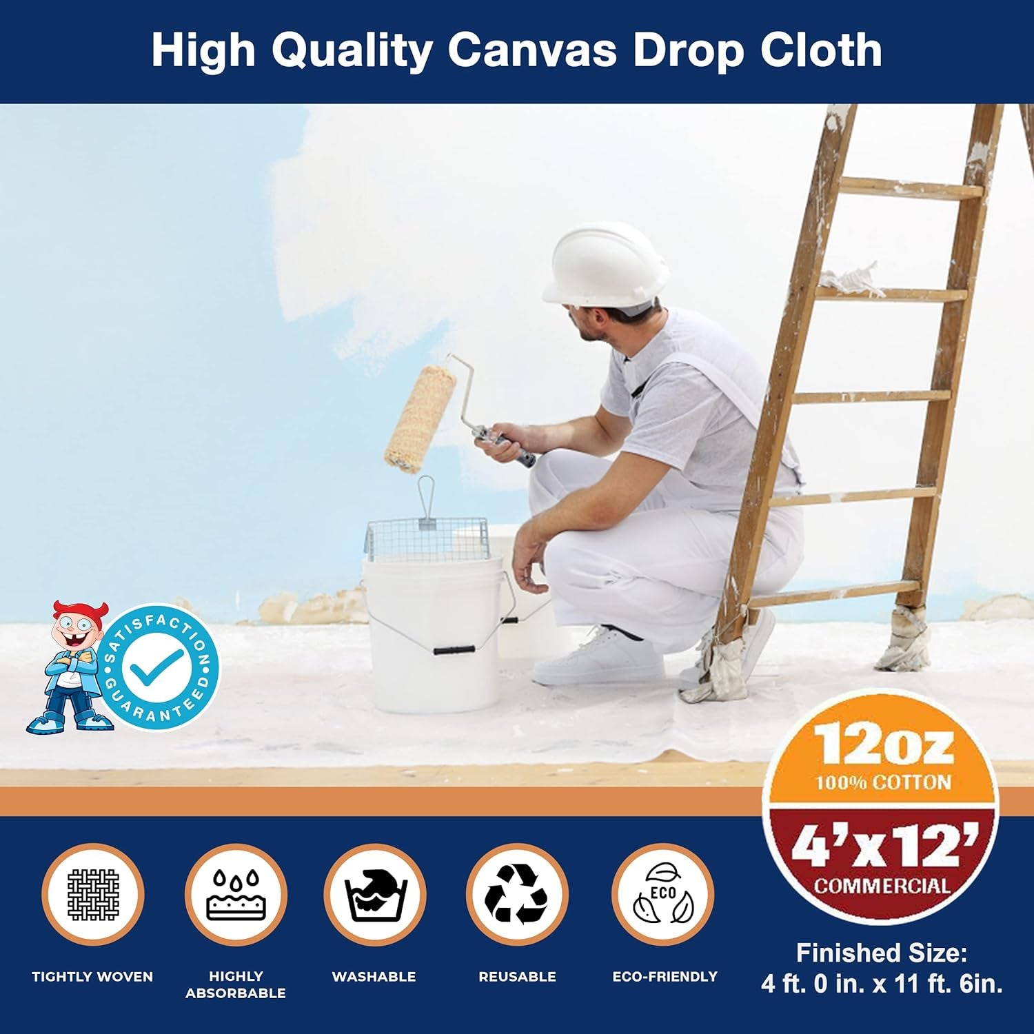 Canvas Drop Cloth for Painting 4X12 Ft – All Purpose Canvas for Floor & Furniture Paint Protection – Painters Drop Cloth Curtains –12 Oz. Seamless Canvas Fabric Painting Supplies for Home