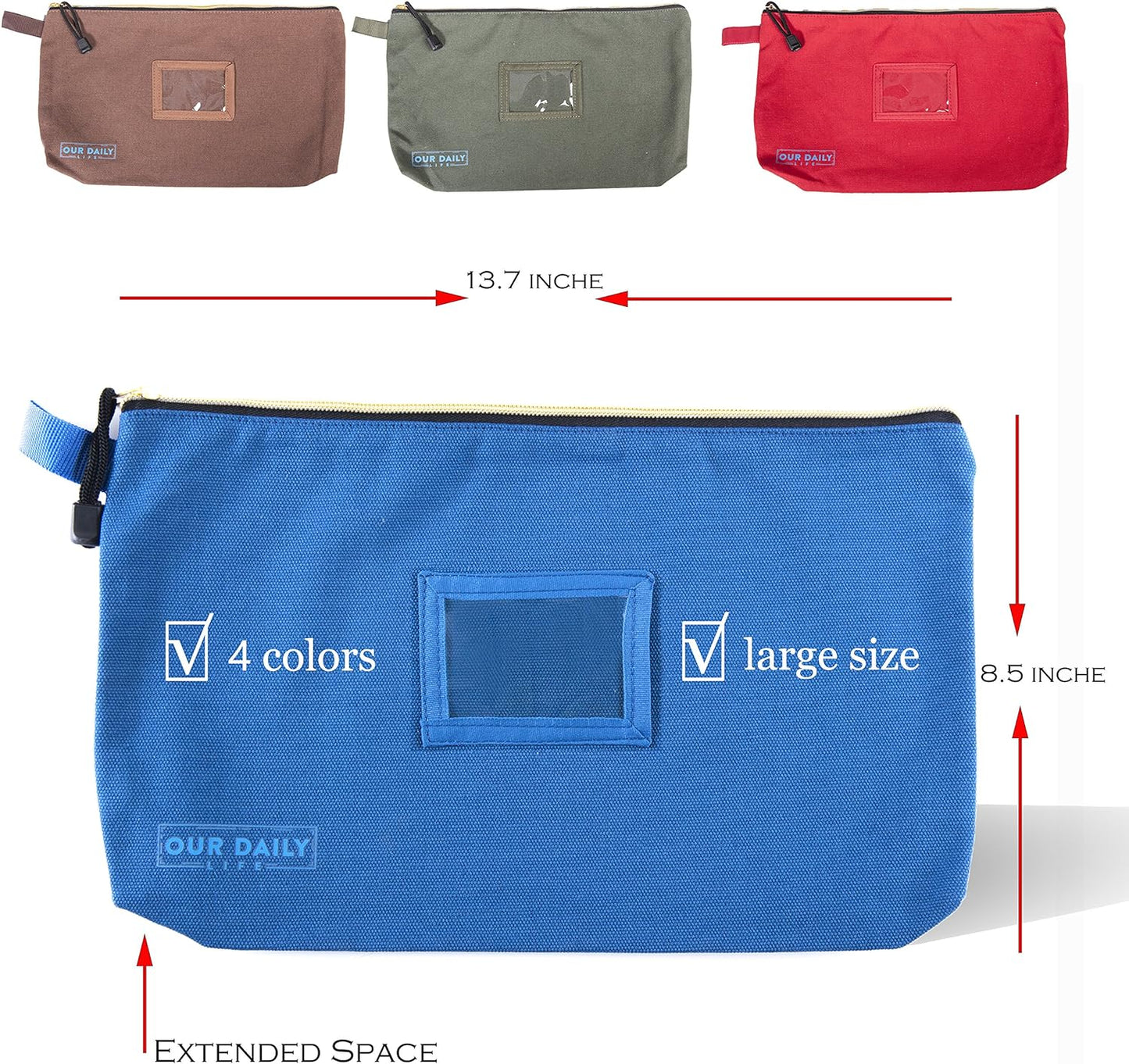 Canvas Zipper Tool Bags - 16Oz Heavy Duty Utility Canvas Tool Pouch with Zipper - Water Resistant 13.7"X8.5" Spacious Storage - 4 Pack Canvas Tool Bag Organizer Set - Tools, Cosmetics, Art and More.