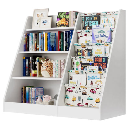Wooden 4 Tier Sling Storage Children'S Bookshelf for Kids Room Living Room
