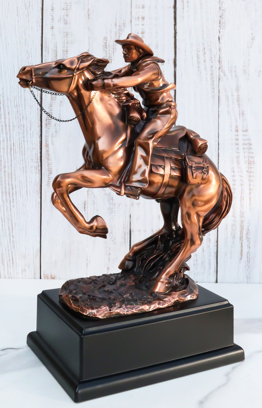 Rustic Western Wild Cowboy Bracing on a Galloping Horse Bronzed Resin Statue