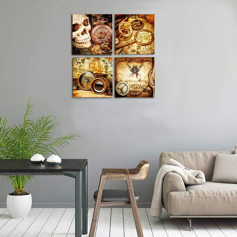 Nautical Elegance: Pirate Ship Compass Wall Art - 4 Piece Framed Watercolor Canvas Prints for Home, Office & Bathroom Decor