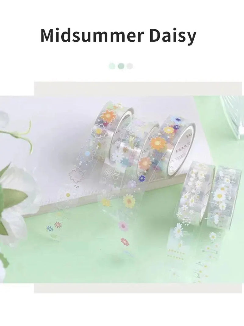 5 Rolls Transparent Decorative Tape PET Waterproof Self-Adhesive Flower Daisy Pattern Decorative Masking Sticker Clear Tape