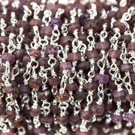 Frosted Rhodolite Garnet plain rondelle Silver plated Chain by the foot 38 pcs