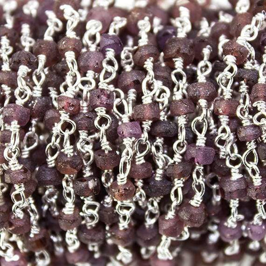 Frosted Rhodolite Garnet plain rondelle Silver plated Chain by the foot 38 pcs