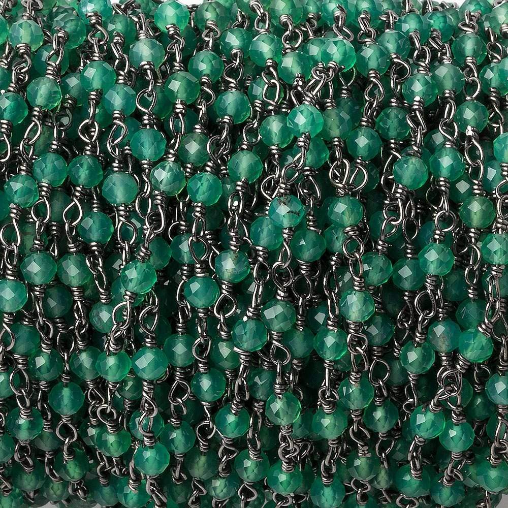 Green Onyx micro-faceted rondelle Black Gold plated Chain by the foot 40 beads