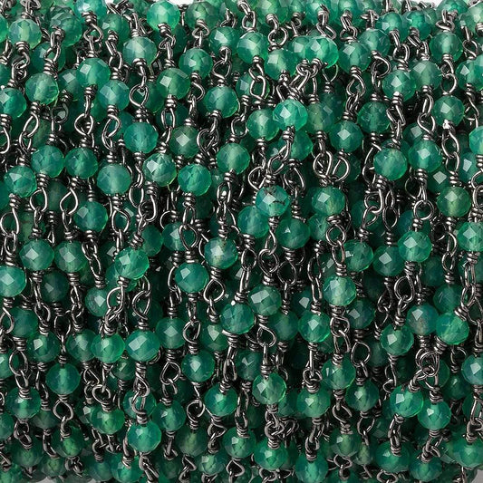 Green Onyx micro-faceted rondelle Black Gold plated Chain by the foot 40 beads