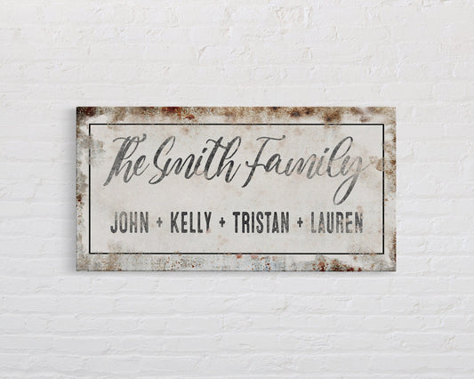 Personalized Printed Canvas Family Name Sign Last Name Rusty Sign With First Names Customized Family Distressed Wall Art