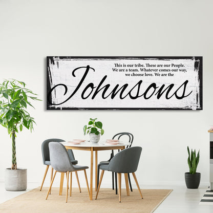 Last name sign canvas print, family name sign, our tribe sign, family wall decor, kitchen sign, inspirational quote, living room sign