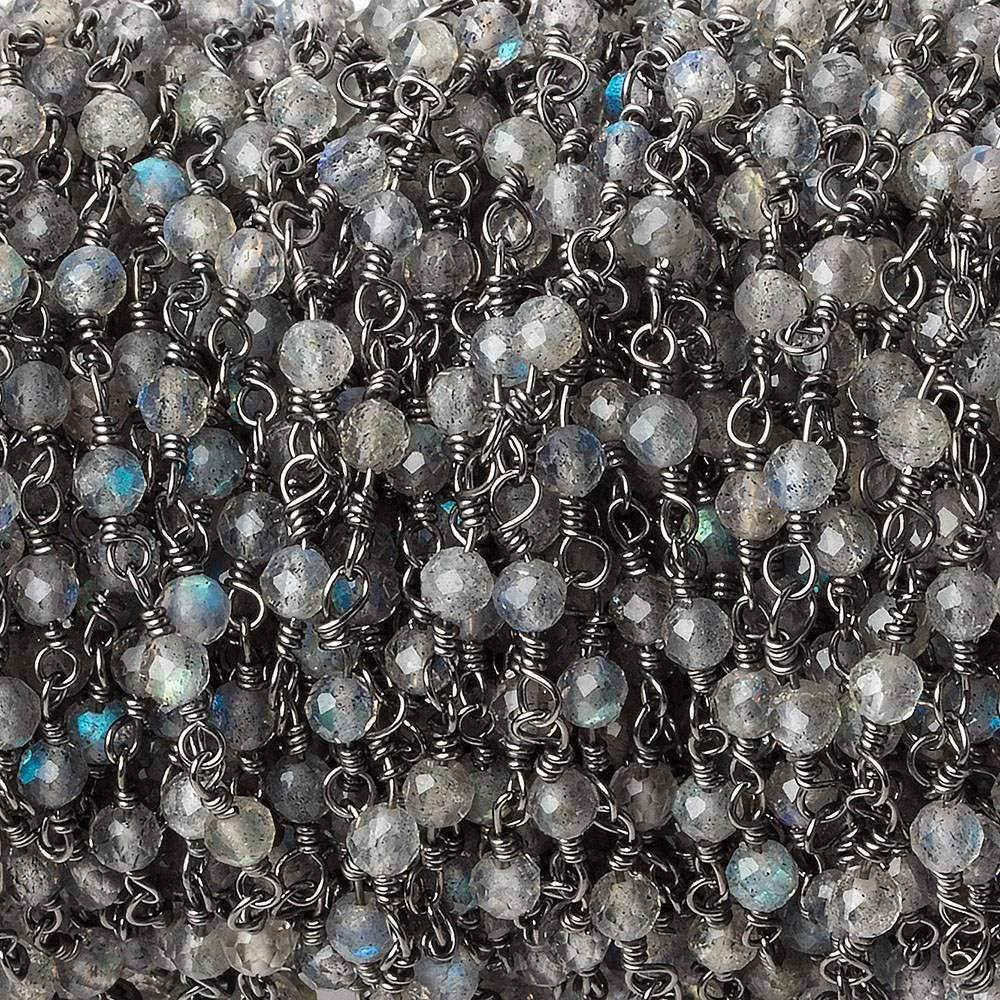 3mm Labradorite micro-faceted round Black Gold plated Chain by the foot 40 beads