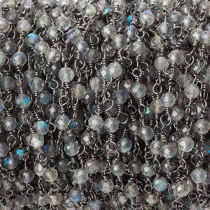 3mm Labradorite micro-faceted round Black Gold plated Chain by the foot 40 beads