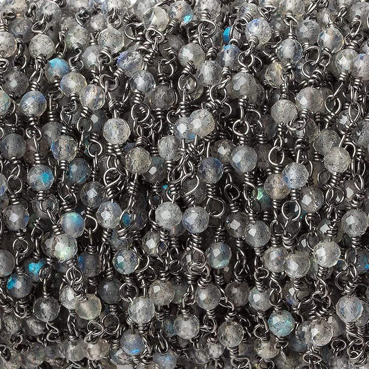3mm Labradorite micro-faceted round Black Gold plated Chain by the foot 40 beads