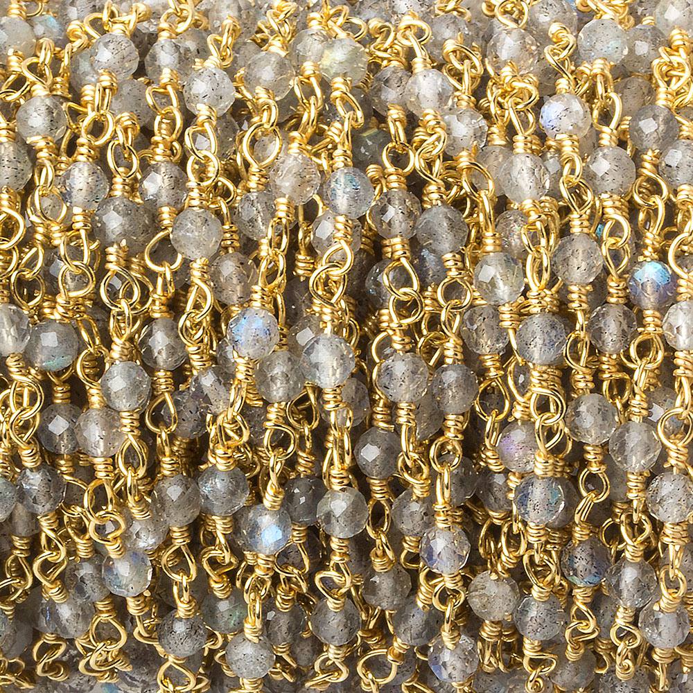 3mm Labradorite micro-faceted rondelle Gold plated Chain by the foot 40 beads