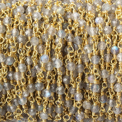 3mm Labradorite micro-faceted rondelle Gold plated Chain by the foot 40 beads