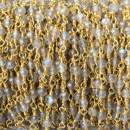3mm Labradorite micro-faceted rondelle Gold plated Chain by the foot 40 beads