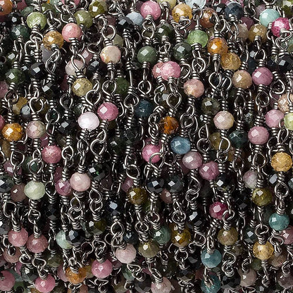 3mm Multi Color Tourmaline micro-faceted round Black Gold plated Chain by the foot 40 beads