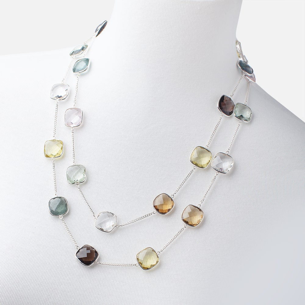 Multi Gemstone Faceted Cushion .925 Silver Bezel Chain Necklace AAA