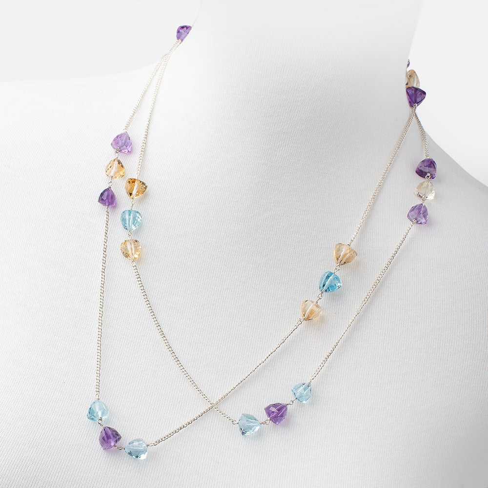 Multi Gemstone Faceted Trillion .925 Silver Chain Necklace AAA