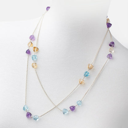 Multi Gemstone Faceted Trillion .925 Silver Chain Necklace AAA