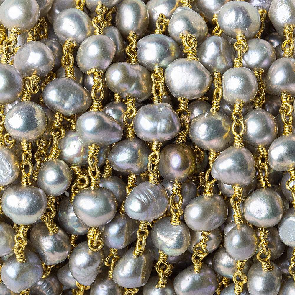 7x6mm Rose' Silver side drilled Baroque Pearl Gold plated Chain