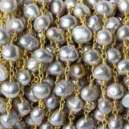 7x6mm Rose' Silver side drilled Baroque Pearl Gold plated Chain