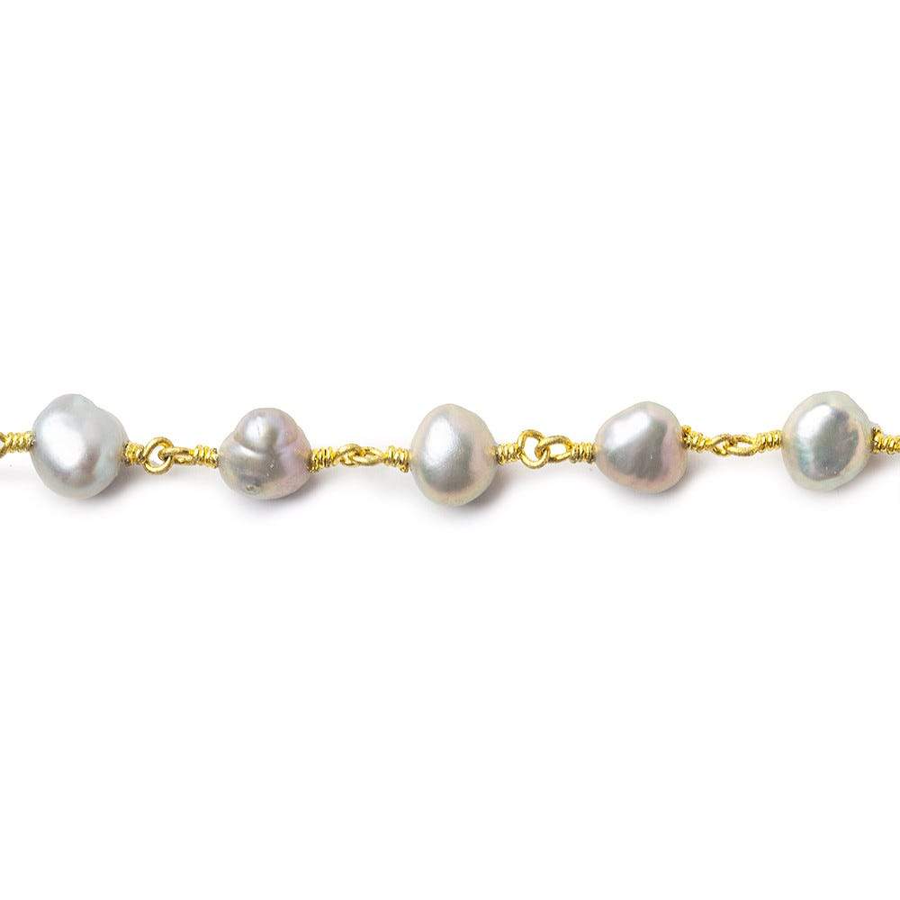 7x6mm Rose' Silver side drilled Baroque Pearl Gold plated Chain