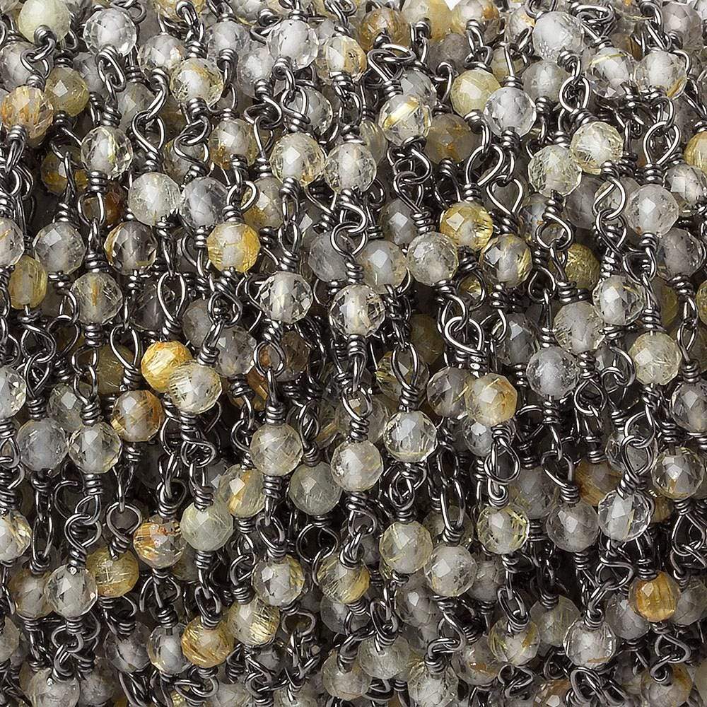 3mm Rutilated Quartz micro-faceted round Black Gold plated Chain