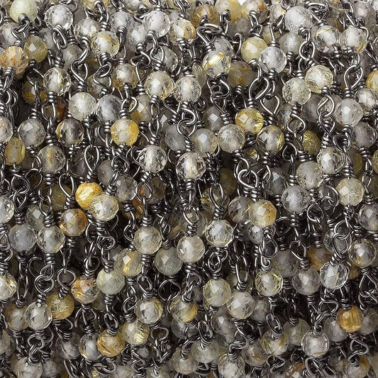 3mm Rutilated Quartz micro-faceted round Black Gold plated Chain