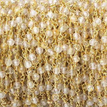 3mm Rutilated Quartz micro-faceted round Gold plated Chain