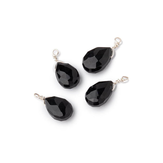 Set of 4 Silver Wire Wrapped 9x6mm Black Chalcedony Faceted Pear Focals