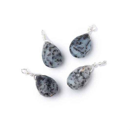 Set of 4 Silver Wire Wrapped 9x6mm Dendritic Opal Faceted Pear Focals