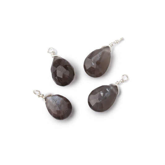 Set of 4 Silver Wire Wrapped 9x6mm Gray Moonstone Faceted Pear Focals