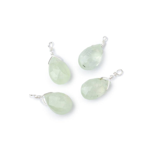 Set of 4 Silver Wire Wrapped 9x6mm Prehnite Faceted Pear Focals