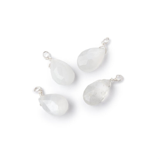 Set of 4 Silver Wire Wrapped 9x6mm White Moonstone Faceted Pear Focals