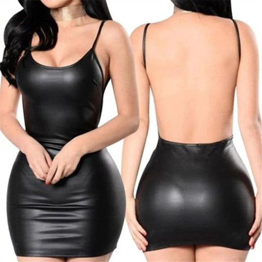 Fierce & Fabulous Faux Leather Backless Mini Dress - Wet Look Bodycon with Push-Up Bra for Unforgettable Nights