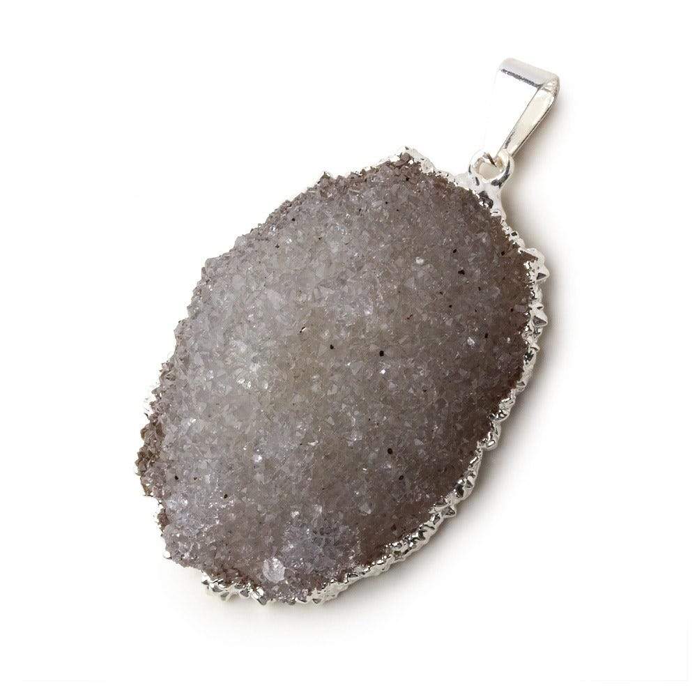 Silver Leafed Ice Grey Convex Drusy Pendant with Bail 1 focal bead 37x27x16mm  A Grade