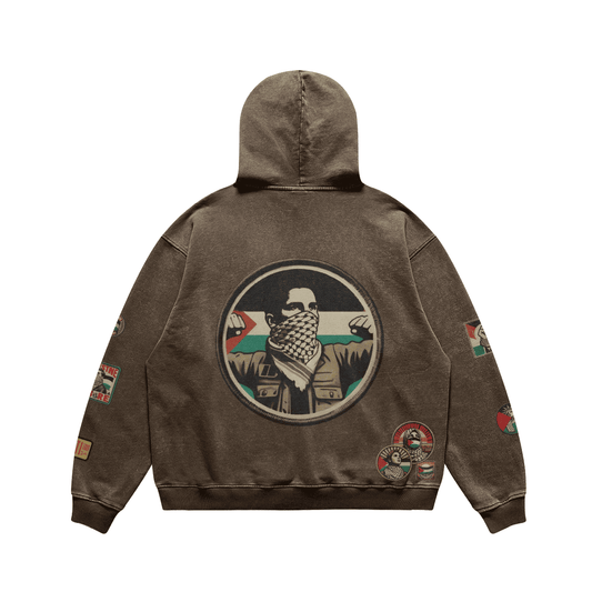 RELAXED FIT VINTAGE PALESTINIAN PRINTED PATCHES FADED HOODIE