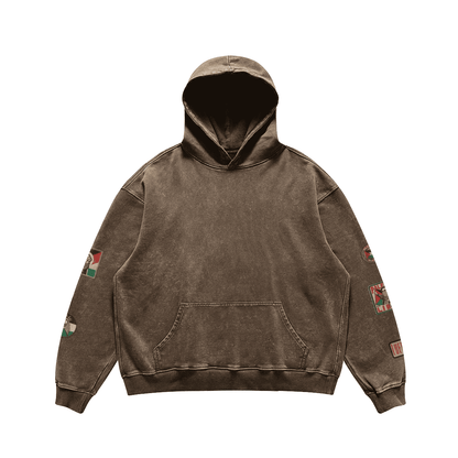 RELAXED FIT VINTAGE PALESTINIAN PRINTED PATCHES FADED HOODIE
