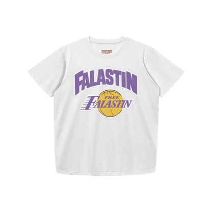 LA Lakers Logo inspiriertes, figurbetontes Damen-T-Shirt „Free Falastin Palestine“ (frei übersetzt: Slim Fit)